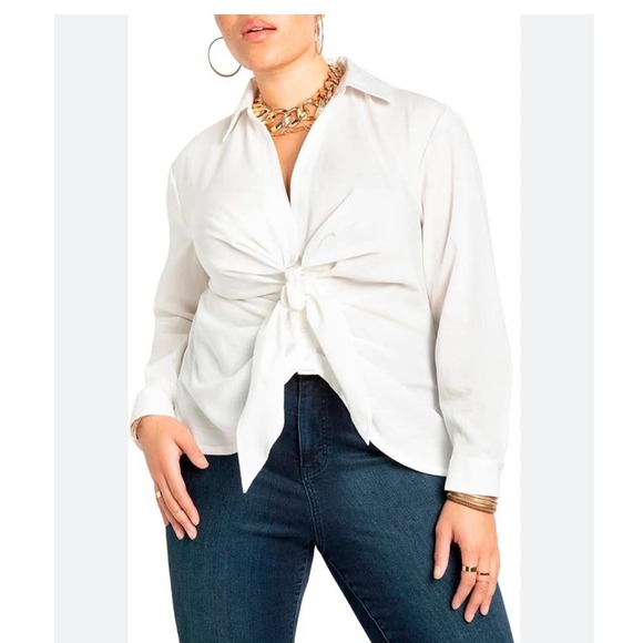 Eloquii Tops - ELOQUII Tie Front Collared Blouse In White Size 22